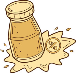 Cartoon illustration depicting a jar spilling a liquid substance and a percentage symbol on a spillage with a warm color palette.