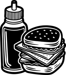 Classic american fast food icon depicting a delicious burger and condiment bottle in monochrome design