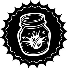 Decorative illustration featuring a jar with abstract explosion elements in monochrome style with a decorative border