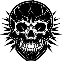 Intricate vector illustration of a detailed skull featuring sharp pointed edges and cracking effects in bold monochrome style