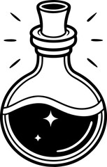Magical potion bottle filled with mystical liquid black and white illustration for creative graphic designs