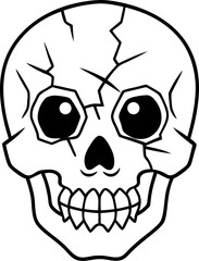 Simple line art illustration of a skull with cracks and sharp teeth a spooky halloween design element