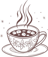 Warm and cozy vector illustration featuring a steaming cup of hot chocolate with marshmallows in a festive winter design.