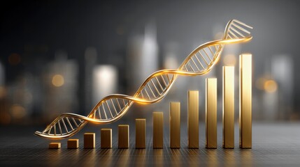 The concept of scaling business innovation change. Golden DNA helix intertwined with ascending bar graph columns symbolizing growth, progress, and innovation in genetics or biotechnology.
