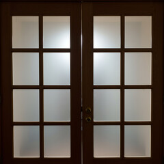 A pair of wooden French doors with frosted glass panes, backlit to create a mysterious and private atmosphere. Concept of secrets or opportunity.
