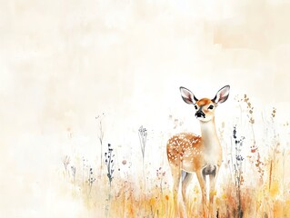 A serene illustration of a deer standing gracefully in a field of wildflowers, surrounded by a soft, natural backdrop.