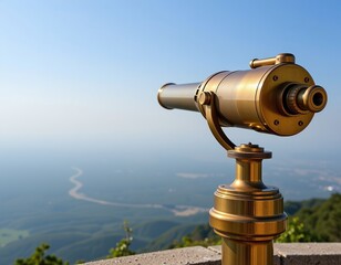A golden telescope mounted on a stone platform overlooks a vast landscape with a winding river beneath a clear blue sky.