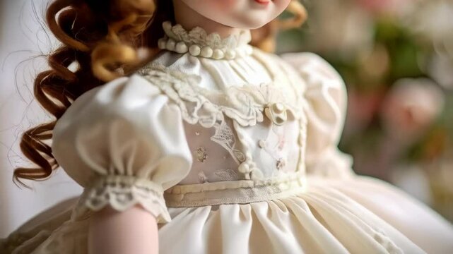 Elegant antique porcelain doll with blue eyes, frilly white dress, and curly hair, displayed with a blurred floral background.