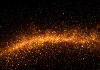 Fototapeta premium A glittering band of golden particles on a black background, resembling a galaxy or cosmic dust cloud. Abstract concept of luxury, energy, and space. 