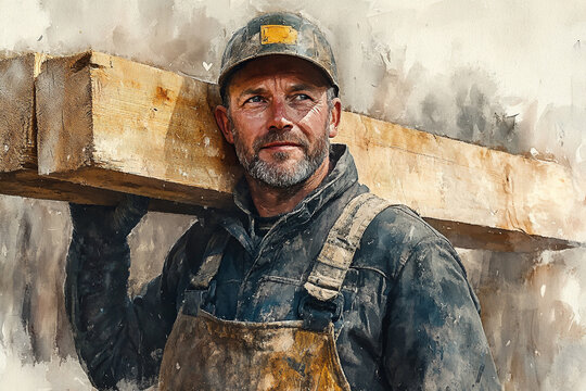 Watercolor Painting of Construction Worker Carrying Lumber Wearing Overalls and Hard Hat