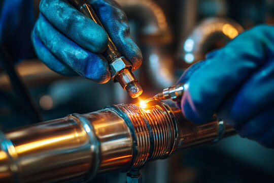 Welding Copper Pipes Closeup of Professional Repair Work with Welding Torch and Protective Gloves