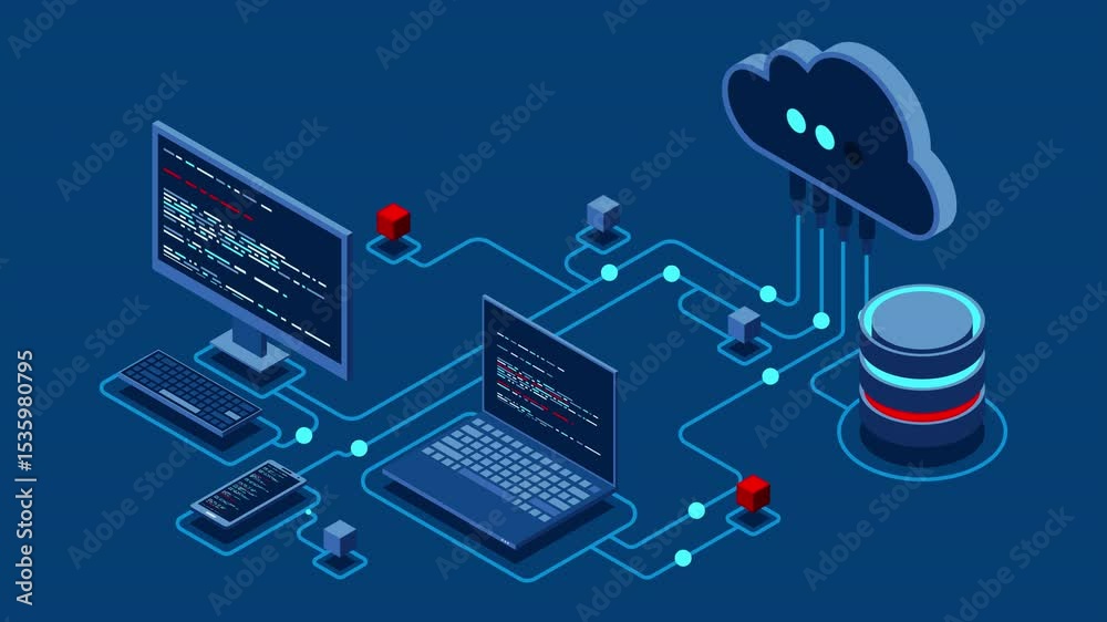 Fototapete Cloud technology computing animation. Modern cloud technology. Data center isometric concept. Isometric cloud technology with datacenter. Web hosting concept. 4K video animated in isometric style