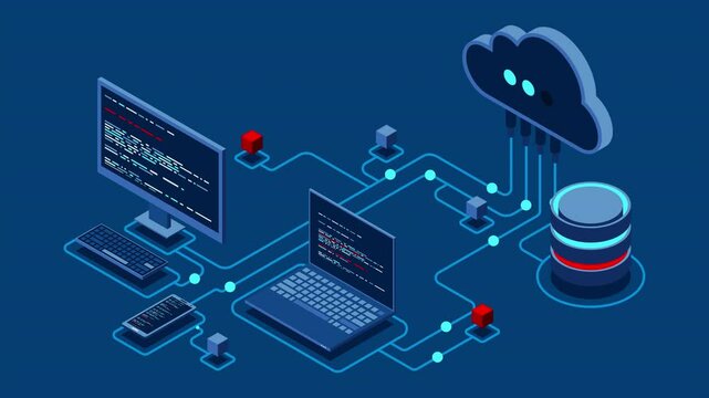 Cloud technology computing animation. Modern cloud technology. Data center isometric concept. Isometric cloud technology with datacenter. Web hosting concept. 4K video animated in isometric style