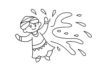 Happy boy playing holi continuous line art illustration