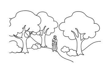 Person standing in a wooded area continuous line art drawing