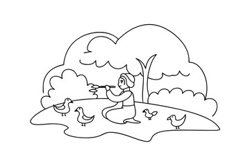 Person playing flute surrounded by birds in a continuous line art drawing