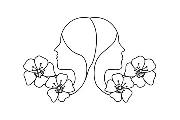 Two women profile continuous line art floral design
