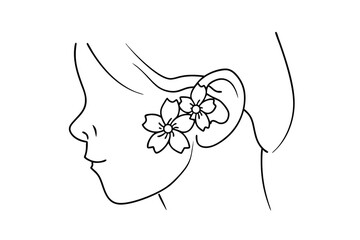 Woman profile continuous line art with cherry blossoms behind ear