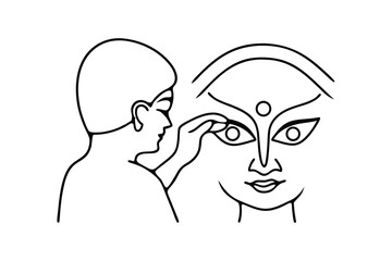 Continuous line art drawing of a person applying makeup to goddess durga