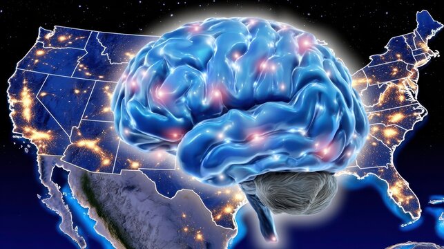AI Brain USA Map, Artificial Intelligence, Innovation, Smart Technology, United States