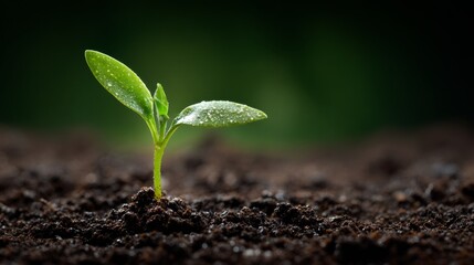Fototapeta premium Green seedling sprouting from soil macro