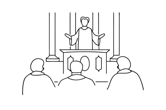 Continuous line art priest preaching sermon church congregation