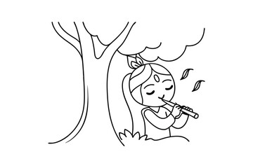 Krishna playing flute underneath tree continuous line art illustration