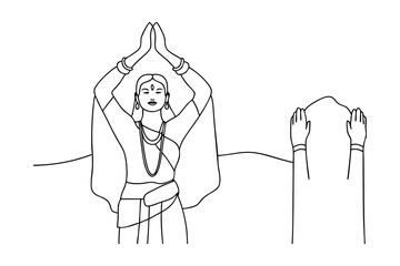 Woman in traditional indian clothing performing namaste continuous line art
