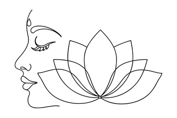 Serene woman profile continuous line art lotus flower design