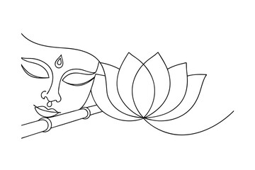 Serene krishna continuous line art flute lotus flower