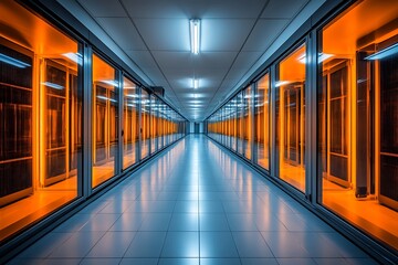Fototapeta premium Illuminated Data Center Corridor with Servers and Cold Aisle Containment