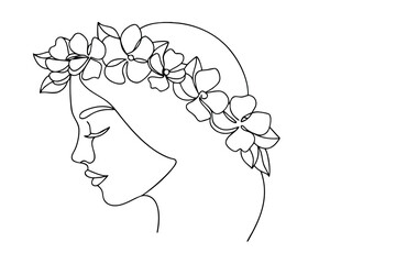 Woman profile continuous line art floral crown