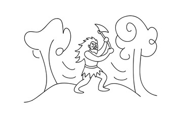 Caveman chopping wood continuous line art illustration