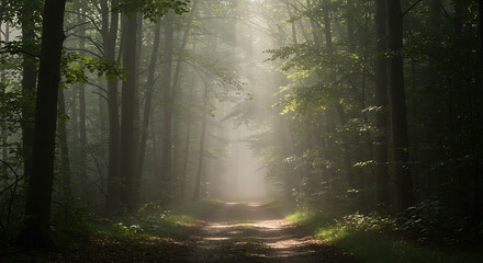 Fototapeta premium Sunbeams stream through a misty forest, illuminating a peaceful path. A magical and serene nature scene representing a journey or new beginnings. 