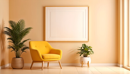 a armchair with a picture frame on background wall and plant, living room interior design. 