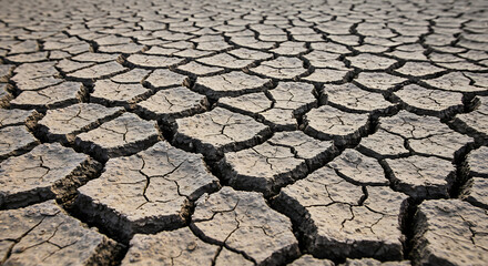 Close-up texture of dry, deeply cracked earth from a severe drought. A powerful background symbolizing climate change, arid land, and water scarcity.
