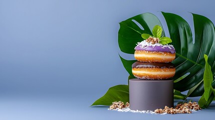 Delicious Donuts Stacked with Tropical Leaves