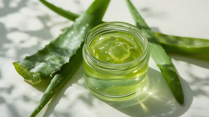 Fresh aloe vera gel in a glass jar surrounded by aloe leaves, under natural sunlight.