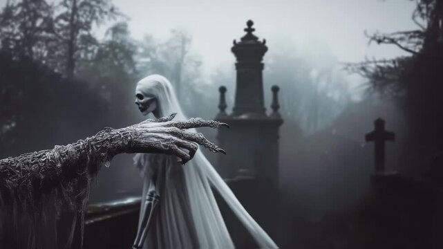 Skeletal bride with flowing white hair encountering decaying hand emerging from misty grave, symbolizing haunting supernatural connection in desolate gothic cemetery landscape