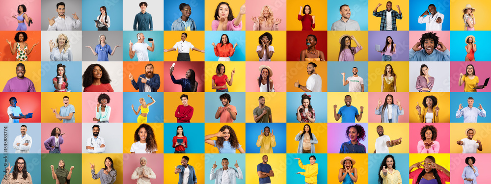 Poster This collage features a vibrant collection of diverse individuals displaying various facial expressions and gestures set against colorful backgrounds.