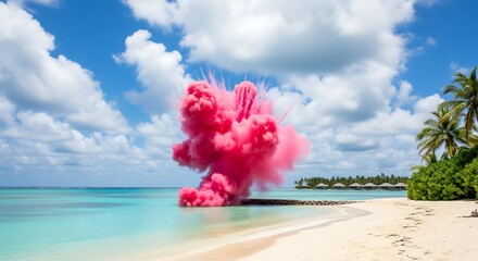 Beach gender reveal with a large pink smoke explosion in the center. Turquoise water, white sand, palm trees and blue sky w/clouds complete the tropical scene.