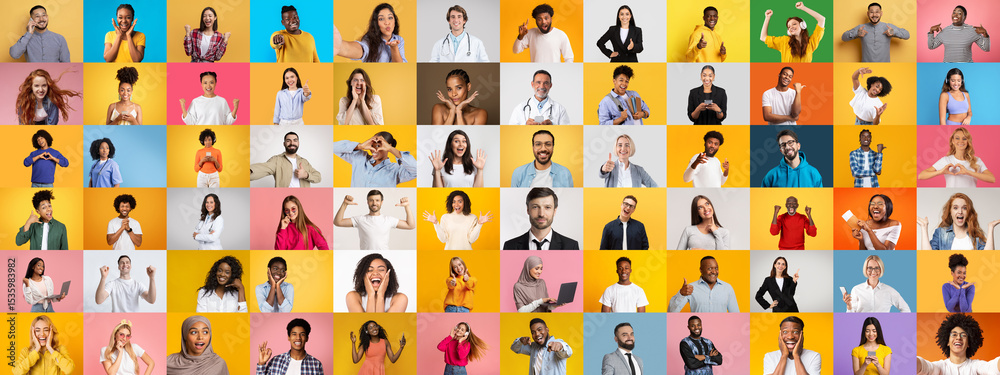 Poster a vibrant collage features a diverse group of individuals showcasing various joyful expressions. eac
