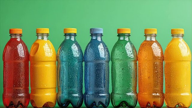 Colorful plastic bottles in a row against a green background