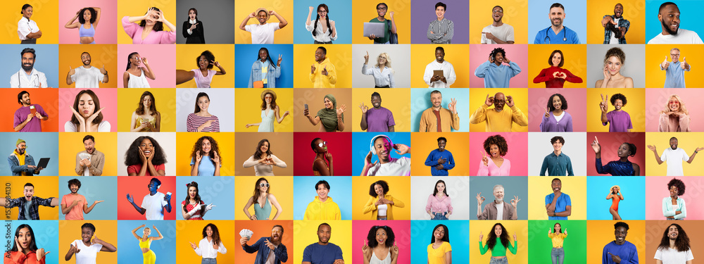 Poster A vibrant collage featuring a diverse group of individuals showcasing various expressions and gestures. The multiracial faces highlight uniqueness in a lively, colorful setting.