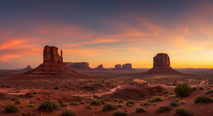 Iconic red rock buttes and mesas in a vast desert landscape at sunset. A dramatic and scenic view of a southwestern wilderness with a colorful sky.