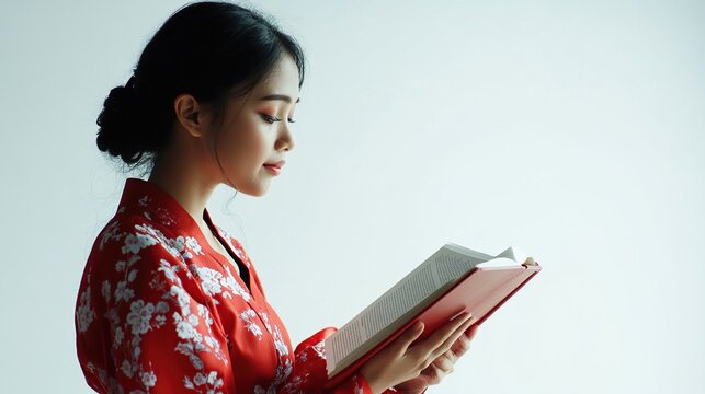 Woman in kimono reads a book, sidelit, against a plain background