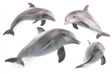 Fototapeta premium Realistic dolphin illustration, graceful aquatic mammals in dynamic swimming and leaping pose isolated on white background