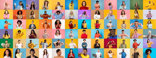 A vibrant collection features diverse individuals engaging in various activities, expressing emotions and lifestyles. The background is filled with bright colors, highlighting diversity.