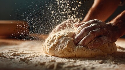 Fototapeta premium Hands kneading fresh dough on floured surface