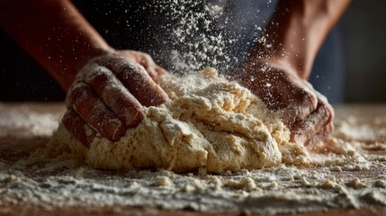 Hands kneading fresh dough on floured surface